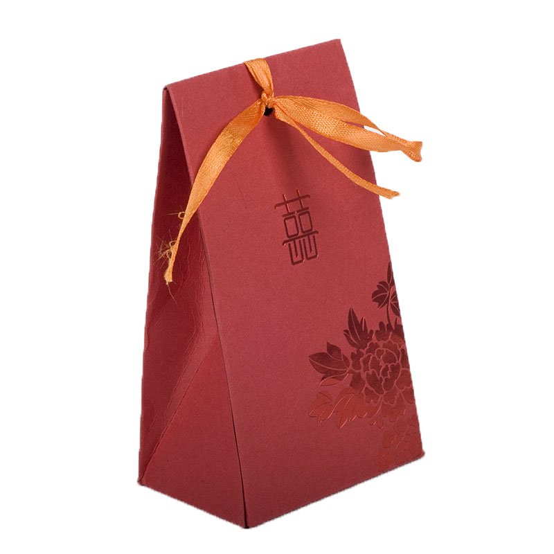 結婚糖果紙(zhǐ)袋 紅(hóng)卡紙(zhǐ)燙紅(hóng)金(jīn) 綁絲帶